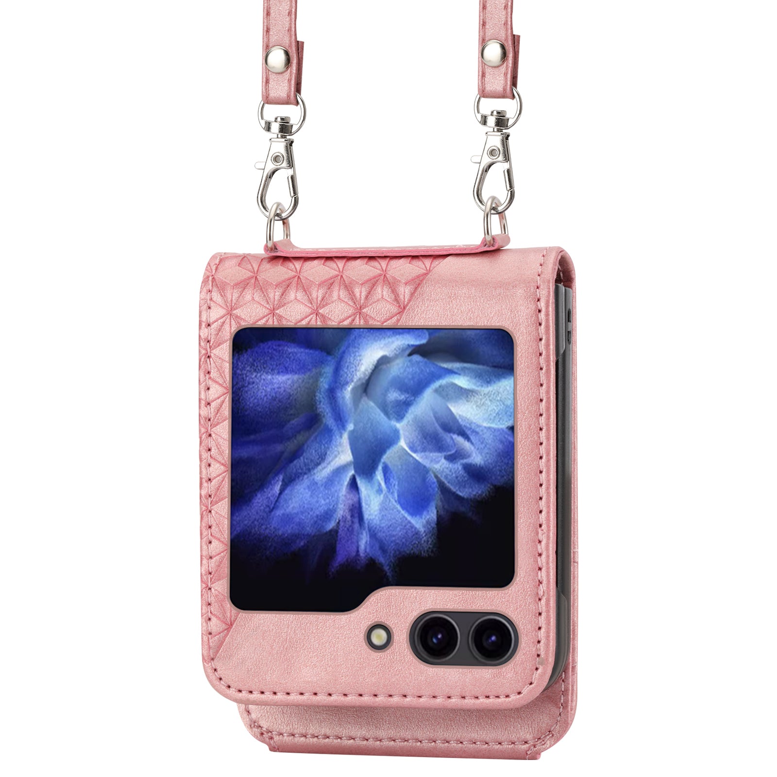 For Samsung Galaxy Z Flip6 5G Case Calf Texture PU Leather Phone Cover with Shoulder Strap - Rose Gold