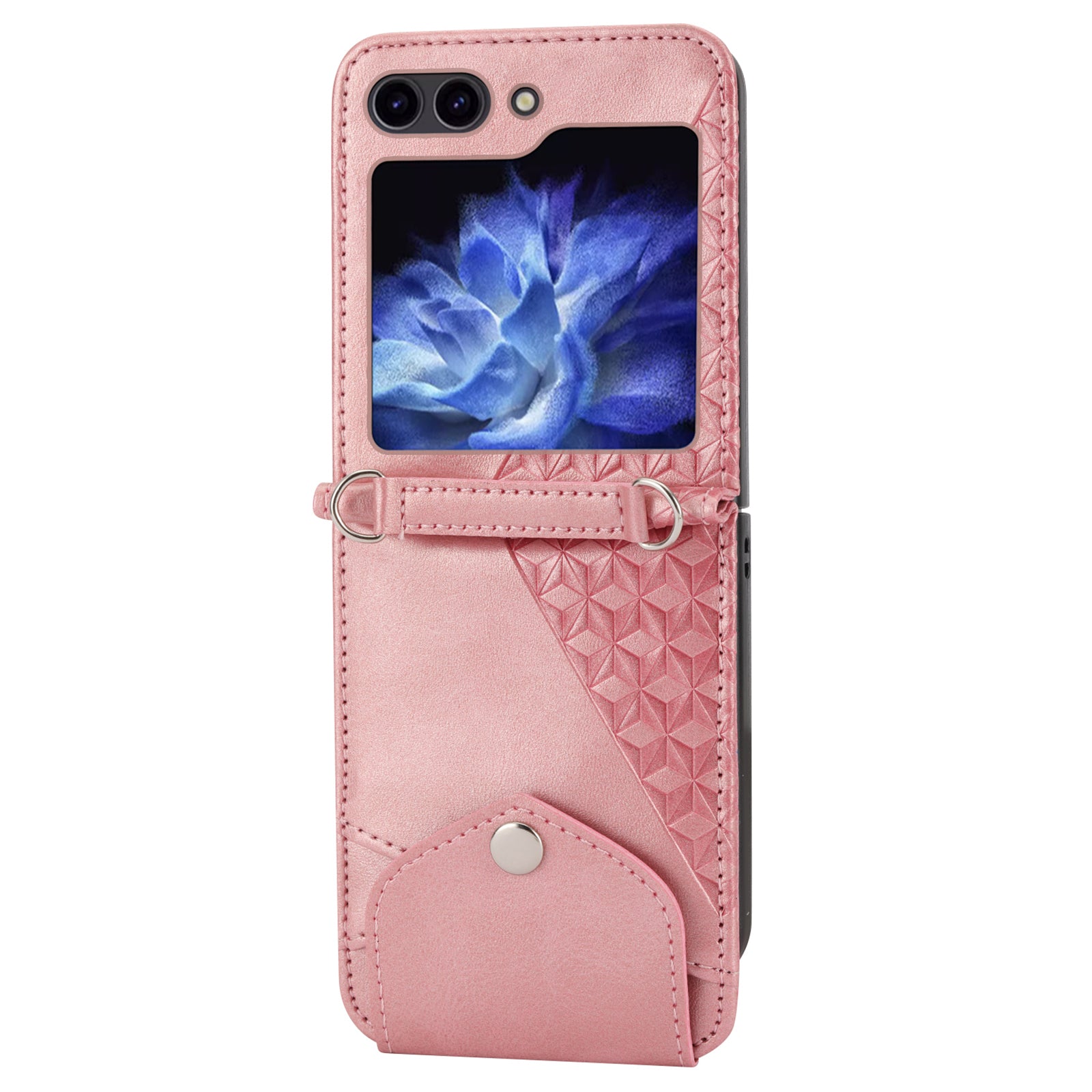 For Samsung Galaxy Z Flip6 5G Case Calf Texture PU Leather Phone Cover with Shoulder Strap - Rose Gold