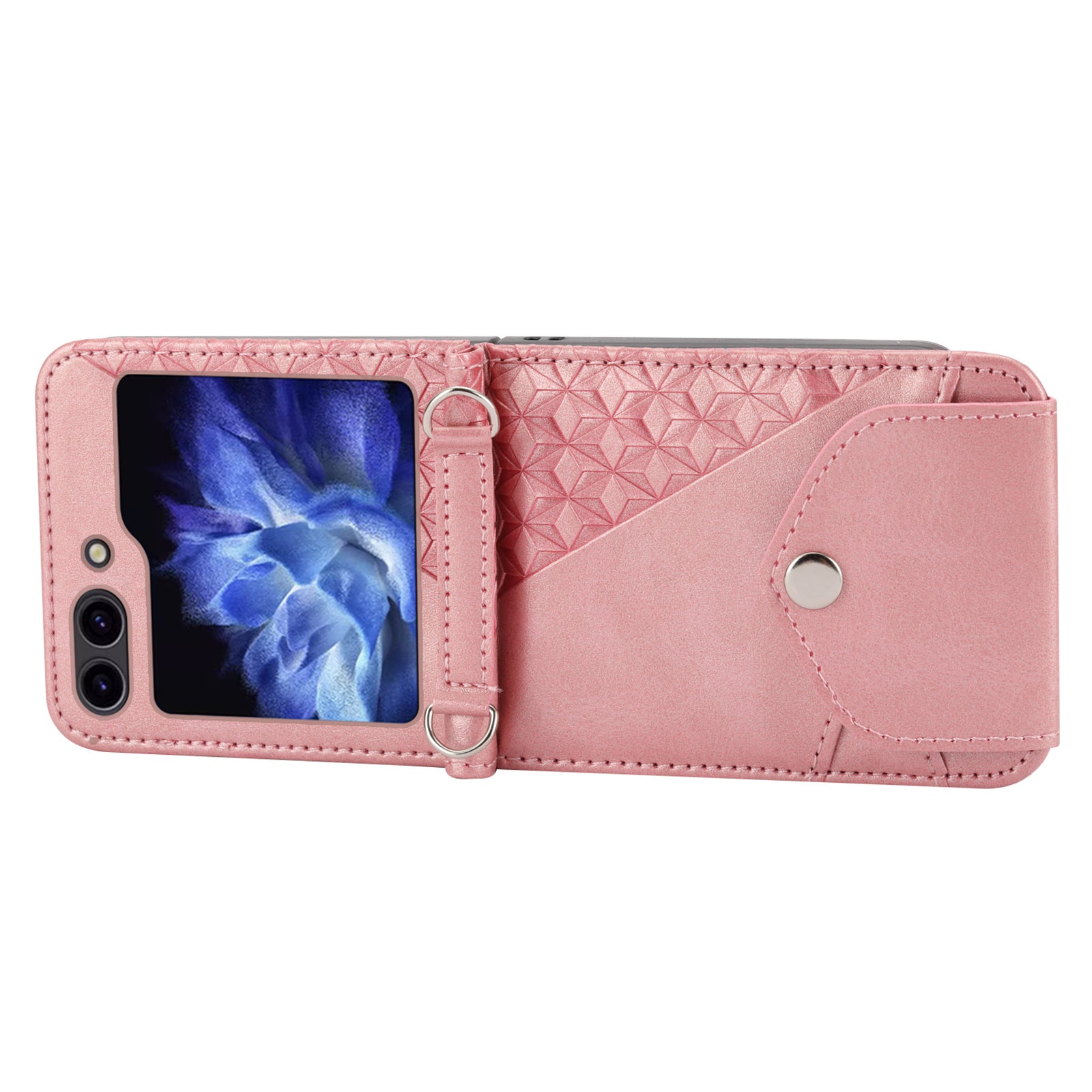 For Samsung Galaxy Z Flip6 5G Case Calf Texture PU Leather Phone Cover with Shoulder Strap - Rose Gold