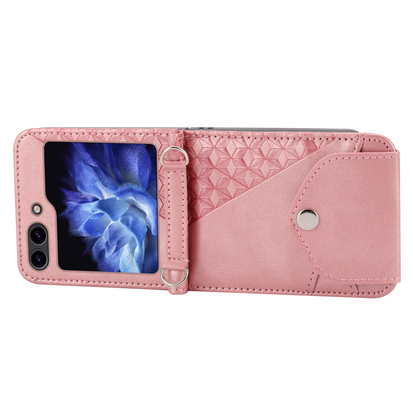 For Samsung Galaxy Z Flip6 5G Case Calf Texture PU Leather Phone Cover with Shoulder Strap - Rose Gold