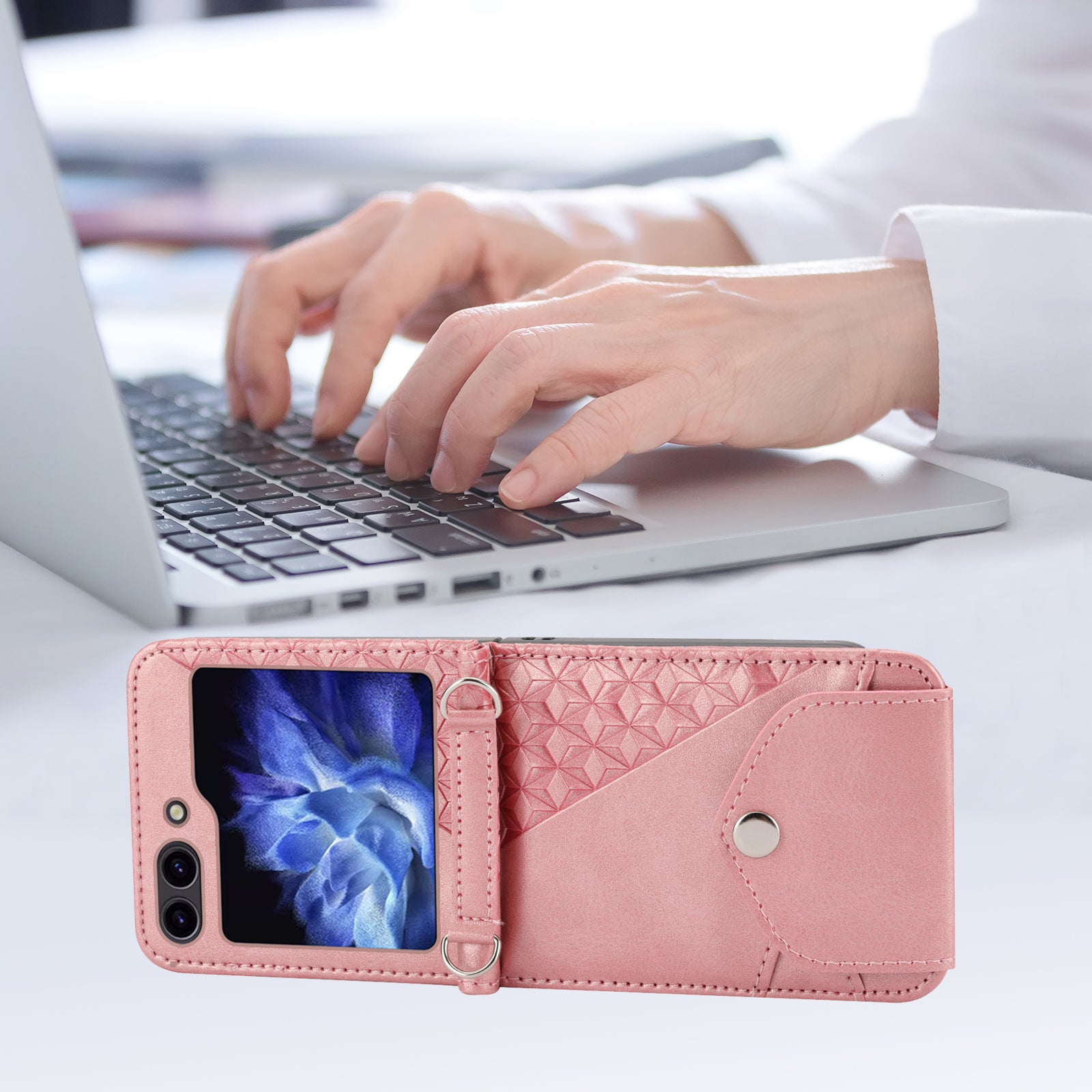 For Samsung Galaxy Z Flip6 5G Case Calf Texture PU Leather Phone Cover with Shoulder Strap - Rose Gold