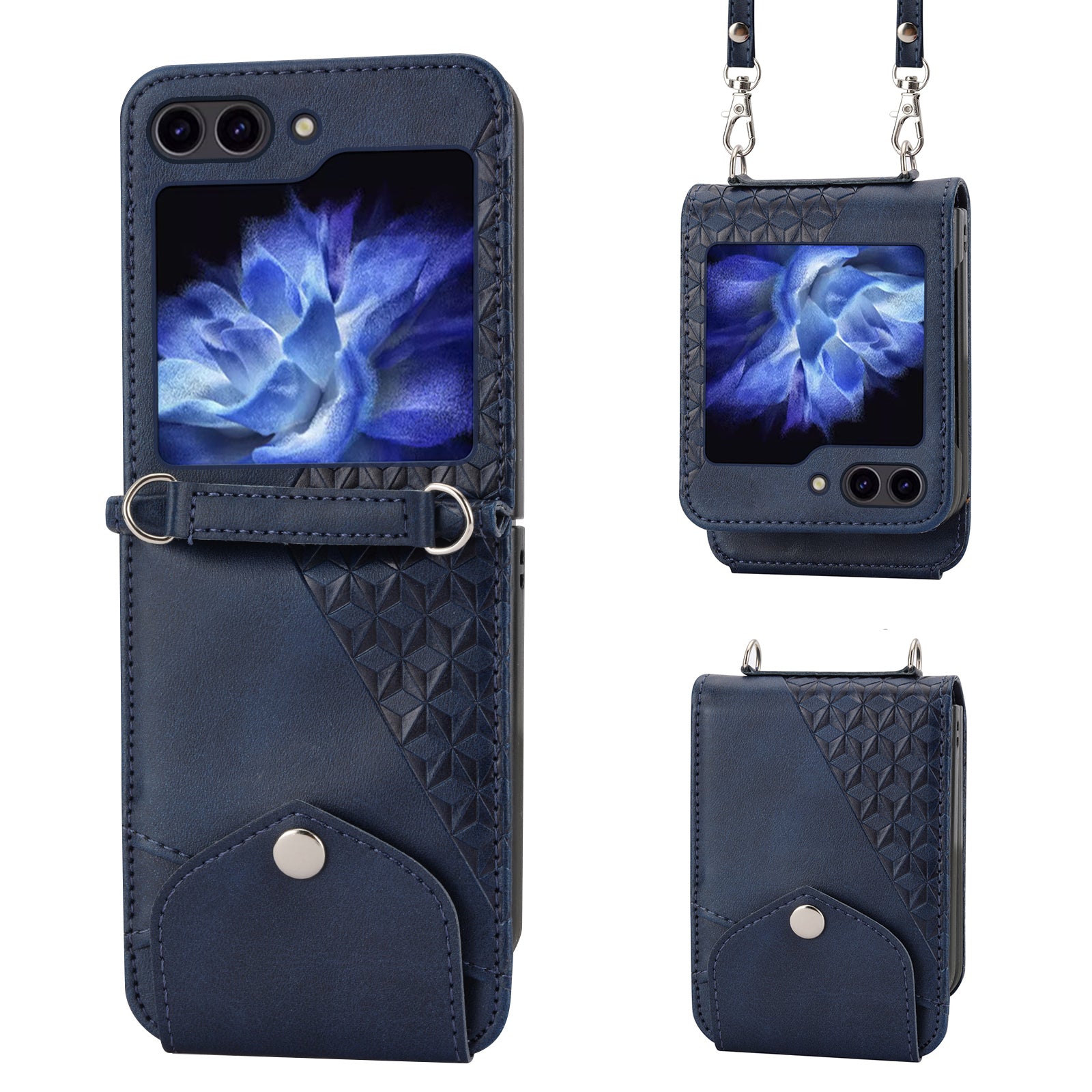 For Samsung Galaxy Z Flip6 5G Case Calf Texture PU Leather Phone Cover with Shoulder Strap - Blue