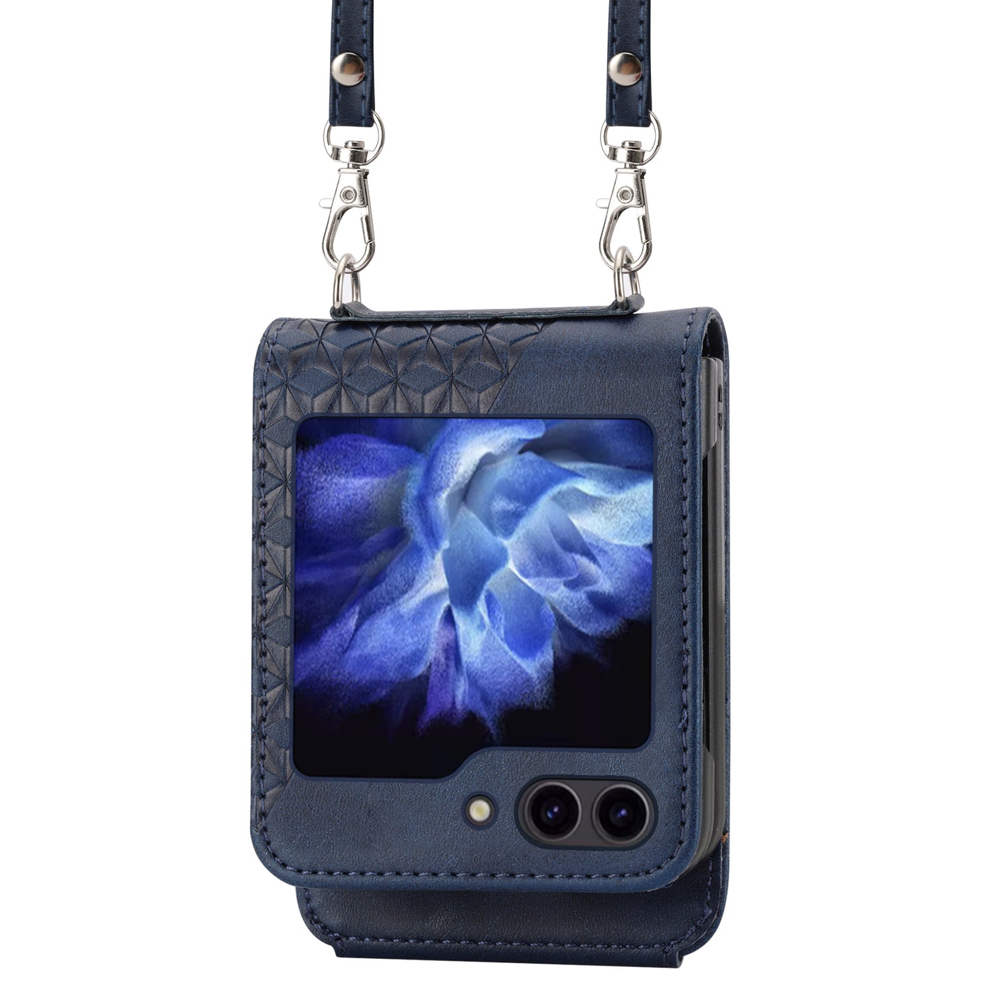 For Samsung Galaxy Z Flip6 5G Case Calf Texture PU Leather Phone Cover with Shoulder Strap - Blue