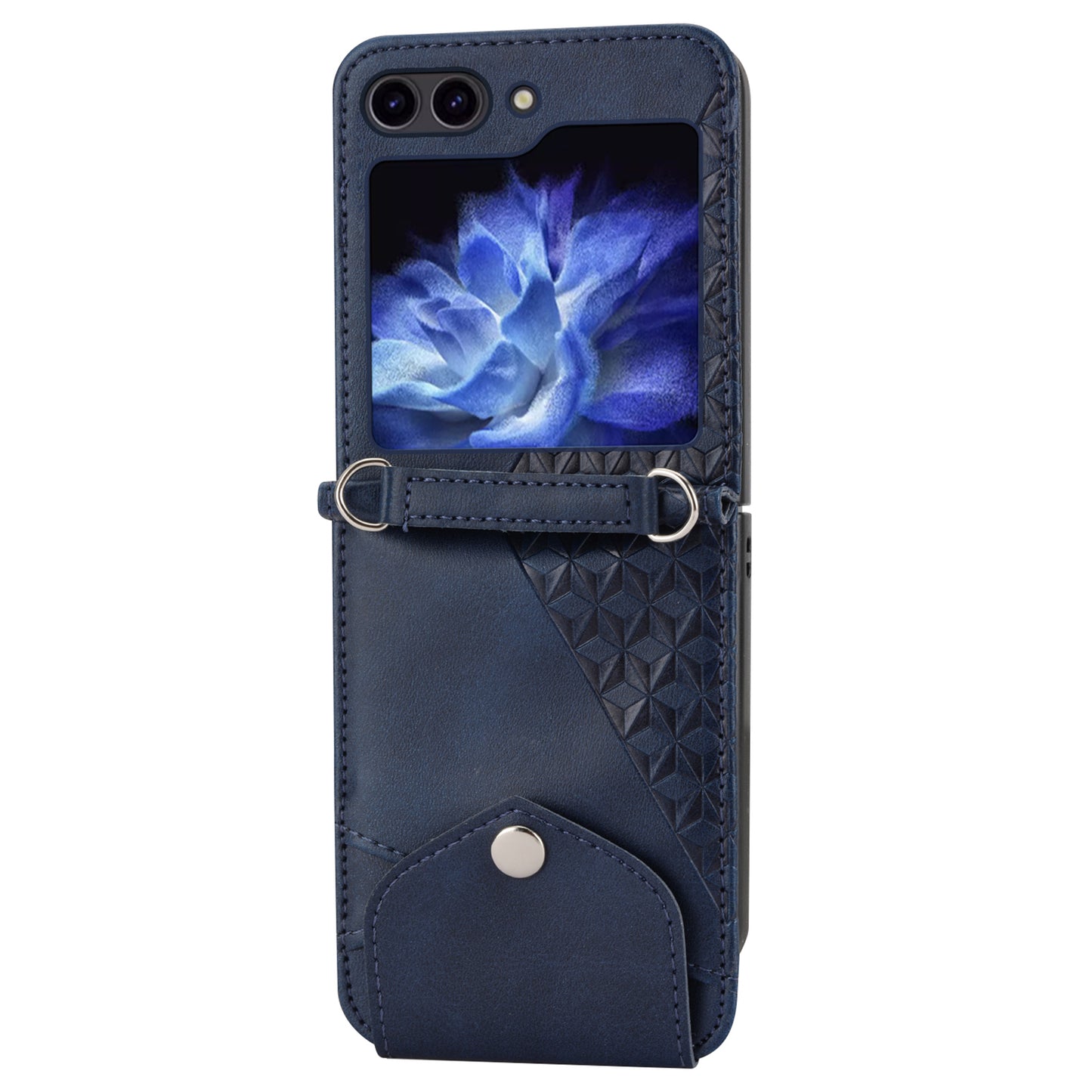 For Samsung Galaxy Z Flip6 5G Case Calf Texture PU Leather Phone Cover with Shoulder Strap - Blue