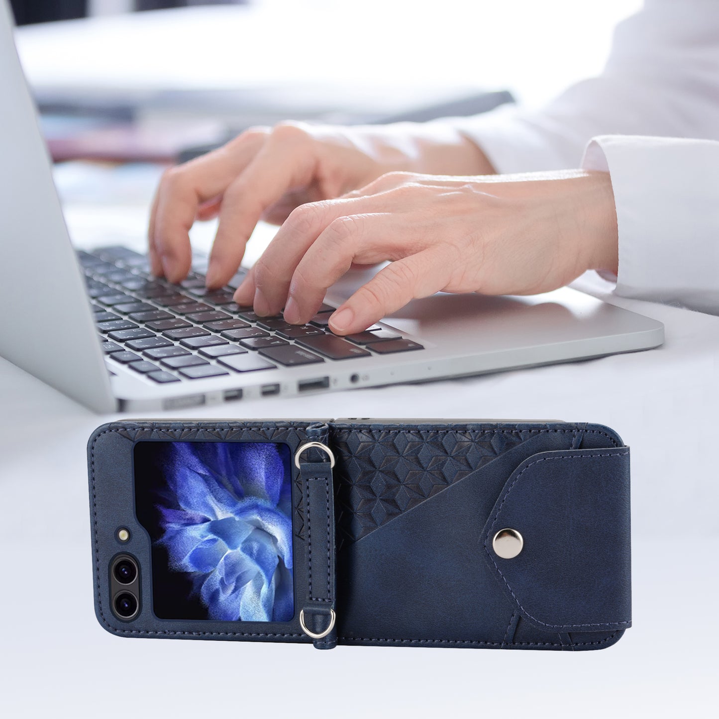 For Samsung Galaxy Z Flip6 5G Case Calf Texture PU Leather Phone Cover with Shoulder Strap - Blue
