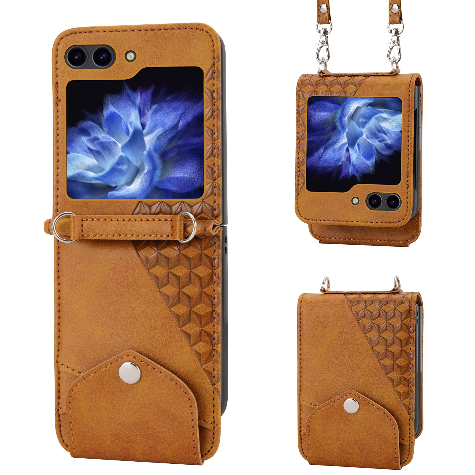 For Samsung Galaxy Z Flip6 5G Case Calf Texture PU Leather Phone Cover with Shoulder Strap - Yellow