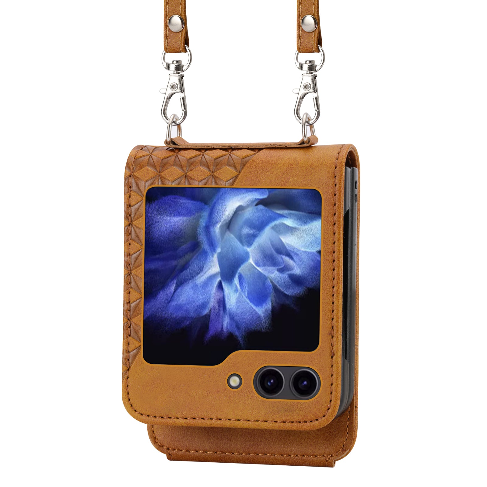 For Samsung Galaxy Z Flip6 5G Case Calf Texture PU Leather Phone Cover with Shoulder Strap - Yellow