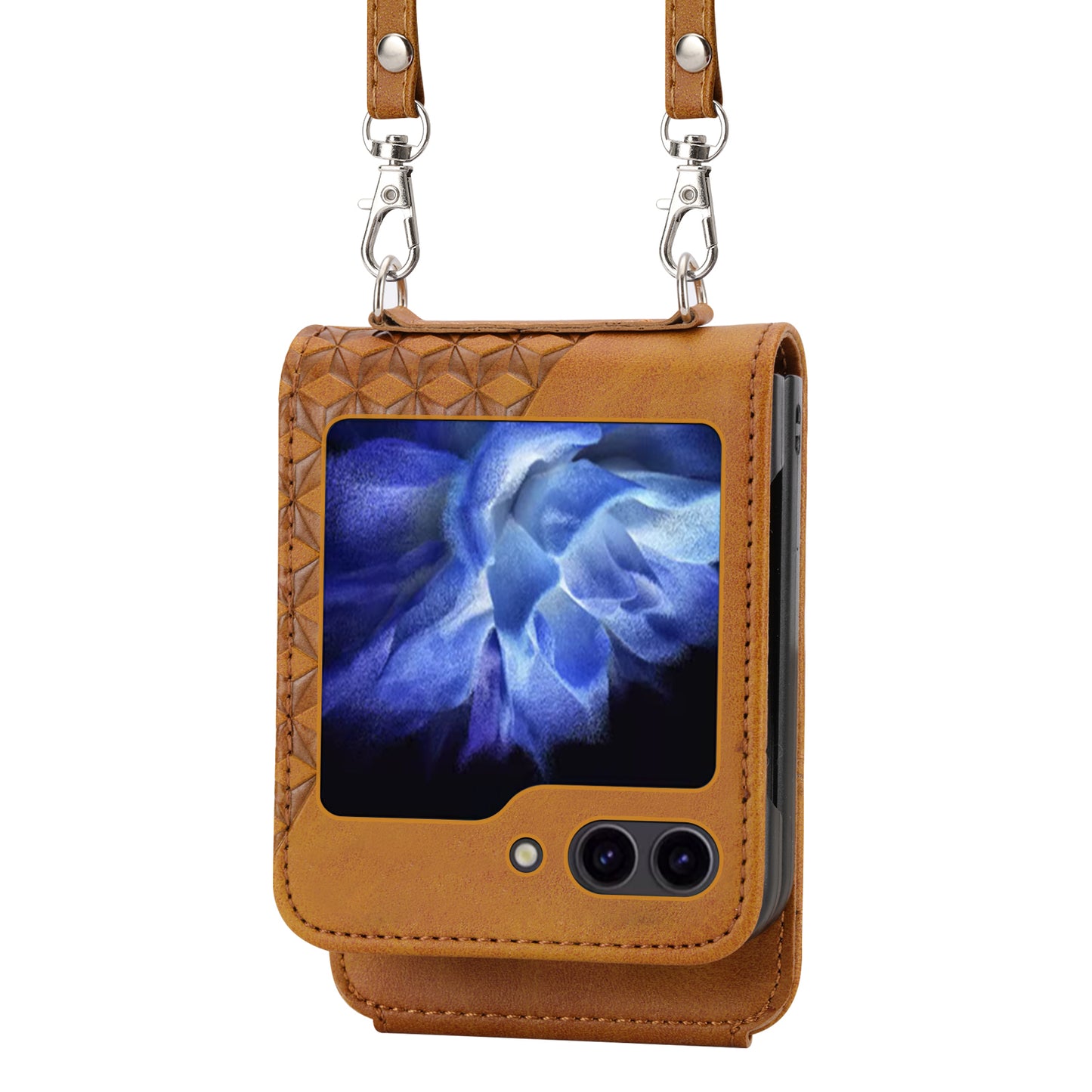 For Samsung Galaxy Z Flip6 5G Case Calf Texture PU Leather Phone Cover with Shoulder Strap - Yellow