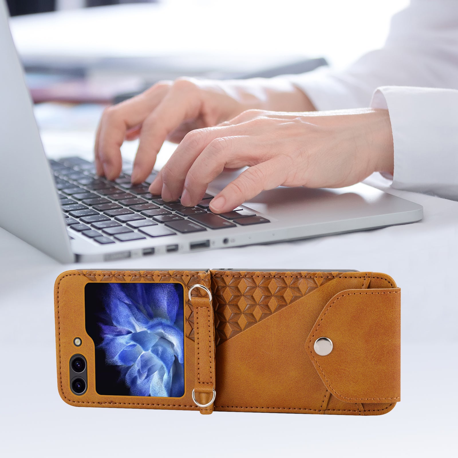 For Samsung Galaxy Z Flip6 5G Case Calf Texture PU Leather Phone Cover with Shoulder Strap - Yellow