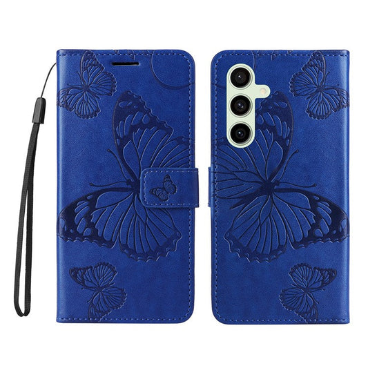 KT Imprinting Flower Series-2 For Samsung Galaxy S24 FE Case PU Leather Butterfly Phone Cover - Blue