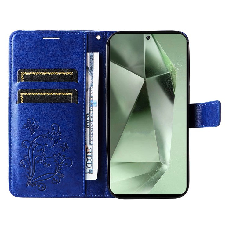 KT Imprinting Flower Series-2 For Samsung Galaxy S24 FE Case PU Leather Butterfly Phone Cover - Blue