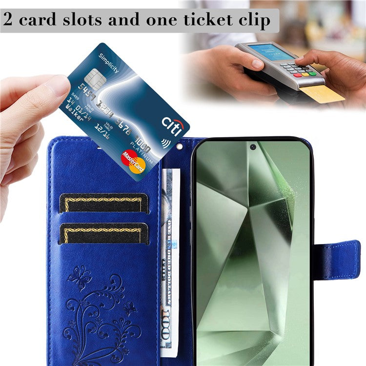 KT Imprinting Flower Series-2 For Samsung Galaxy S24 FE Case PU Leather Butterfly Phone Cover - Blue