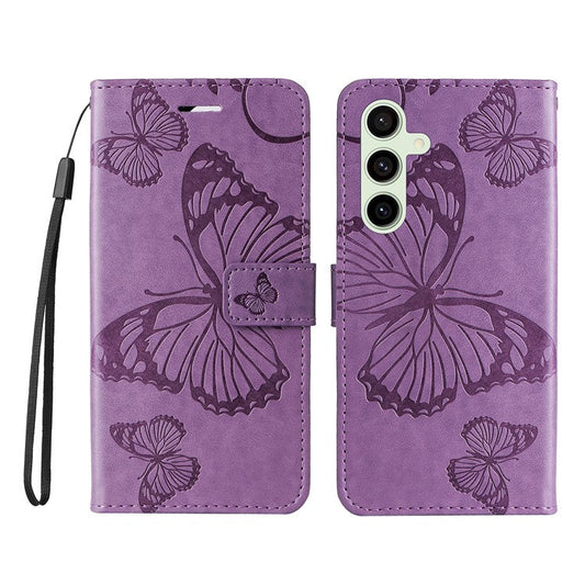 KT Imprinting Flower Series-2 For Samsung Galaxy S24 FE Case PU Leather Butterfly Phone Cover - Purple