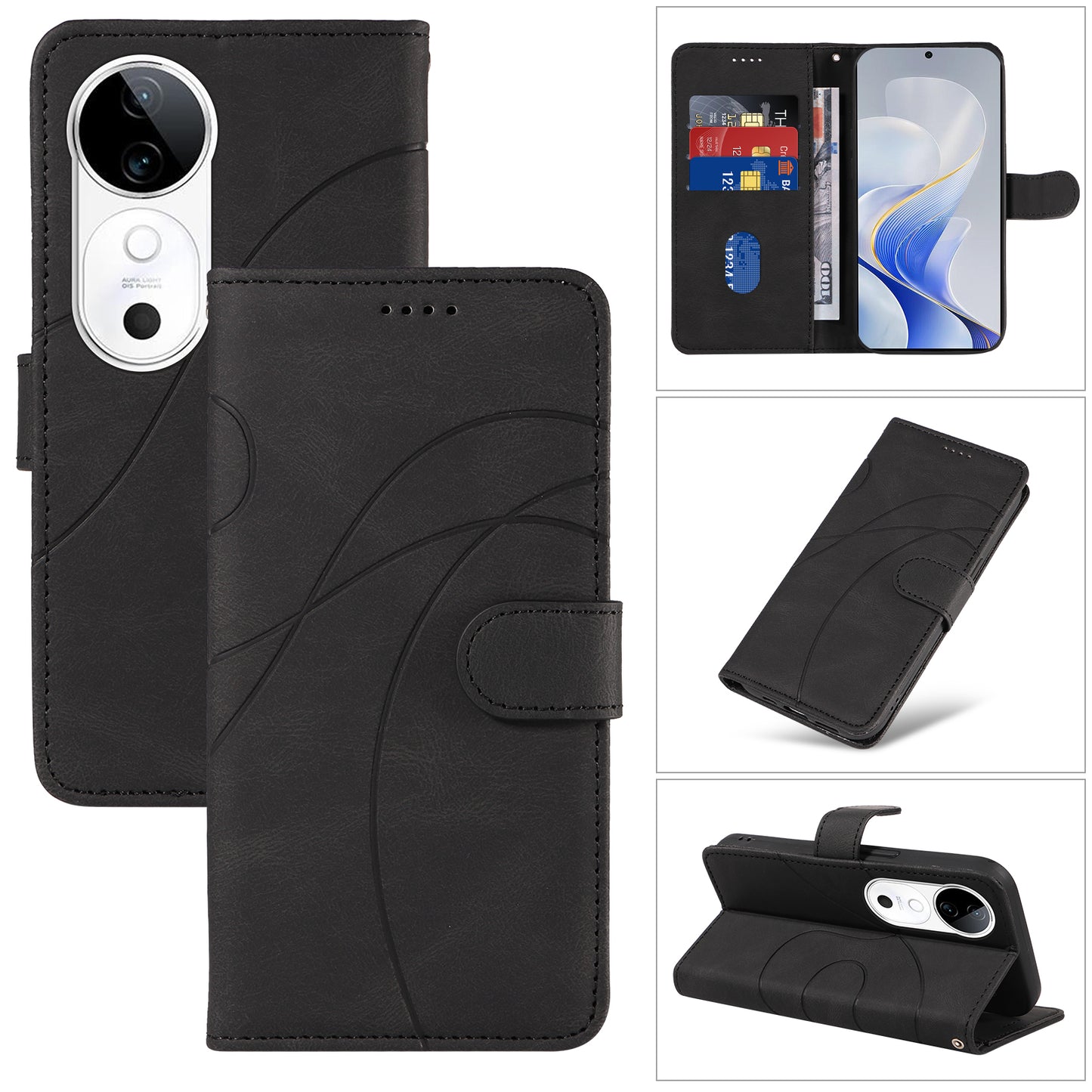 For vivo S19 5G / V40 5G Case Curved Line Imprint Leather Wallet Phone Cover - Black