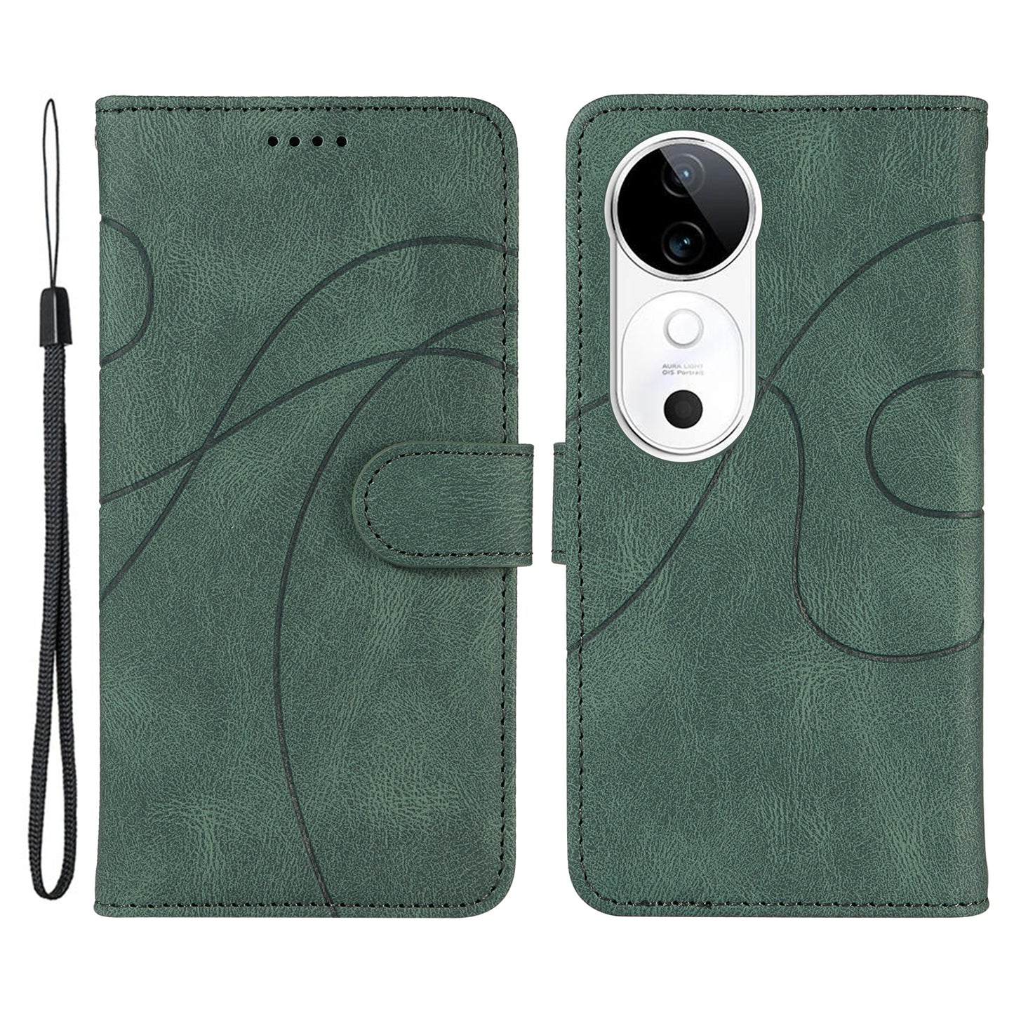 For vivo S19 5G / V40 5G Case Curved Line Imprint Leather Wallet Phone Cover - Green