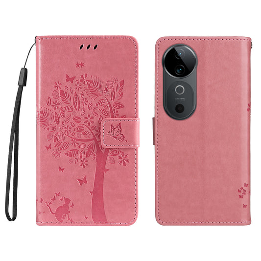 KT Imprinting Flower Series-3 For vivo S19 5G / V40 5G Leather Phone Case Cat Tree Pattern - Pink