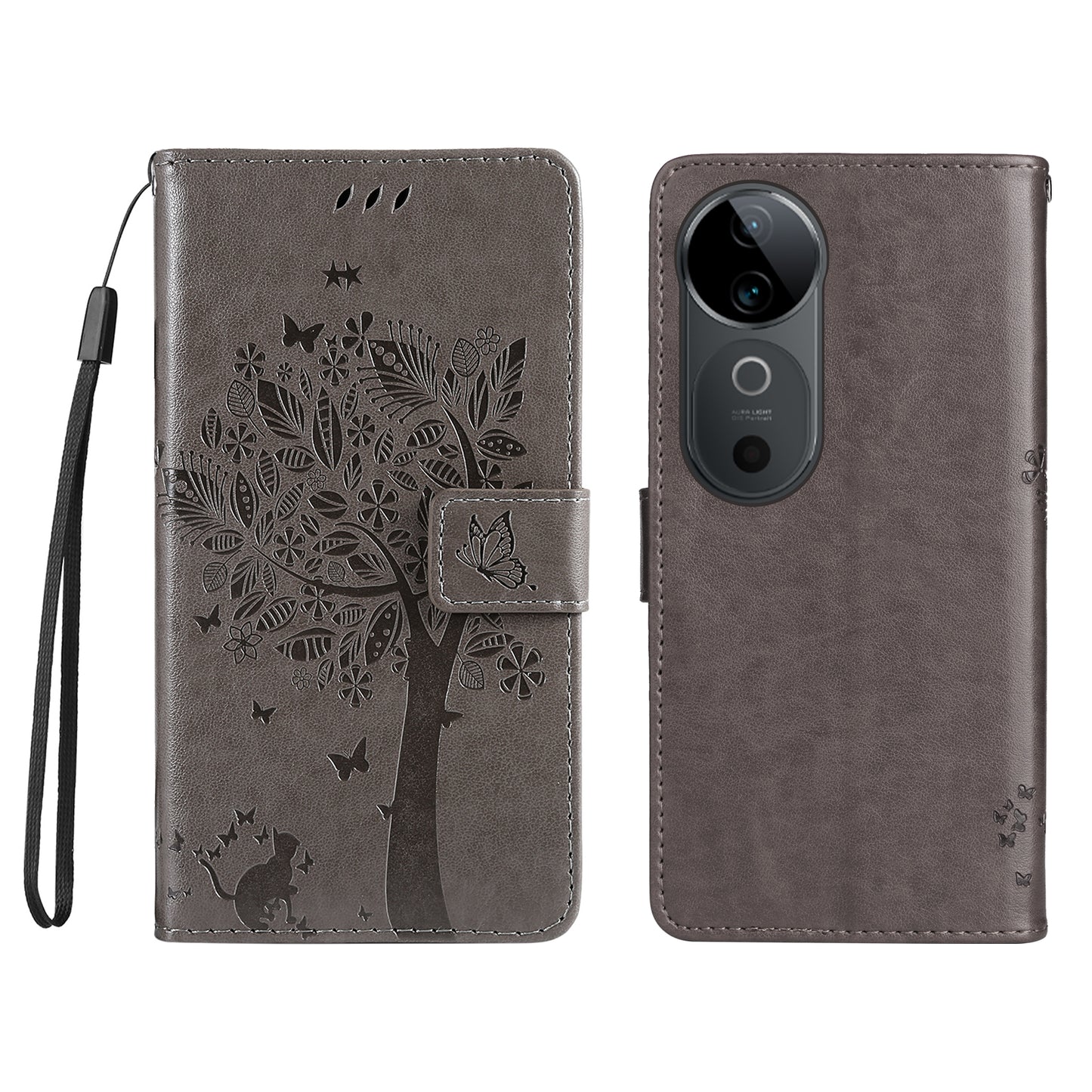 KT Imprinting Flower Series-3 For vivo S19 5G / V40 5G Leather Phone Case Cat Tree Pattern - Grey