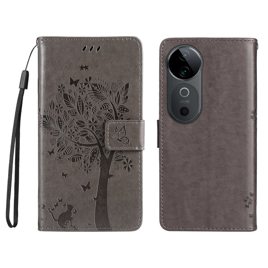 KT Imprinting Flower Series-3 For vivo S19 5G / V40 5G Leather Phone Case Cat Tree Pattern - Grey