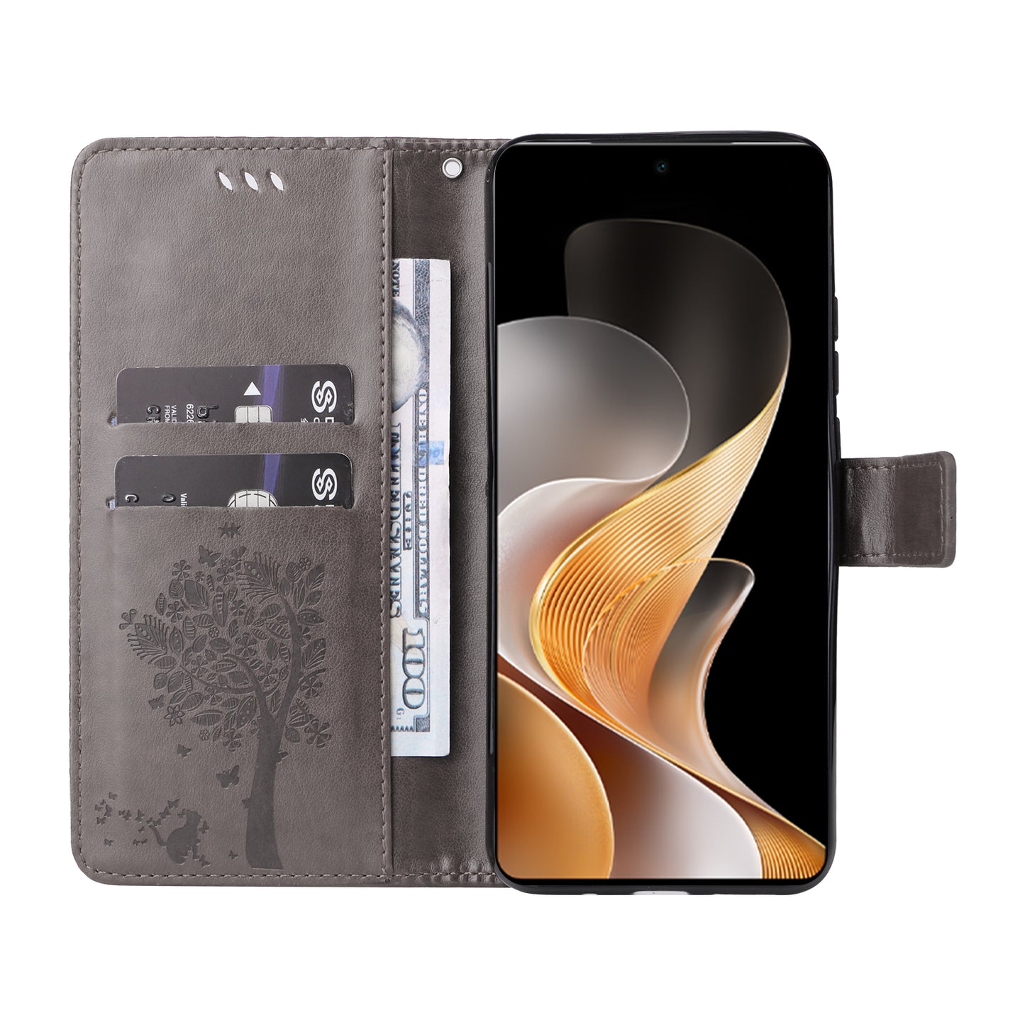 KT Imprinting Flower Series-3 For vivo S19 5G / V40 5G Leather Phone Case Cat Tree Pattern - Grey