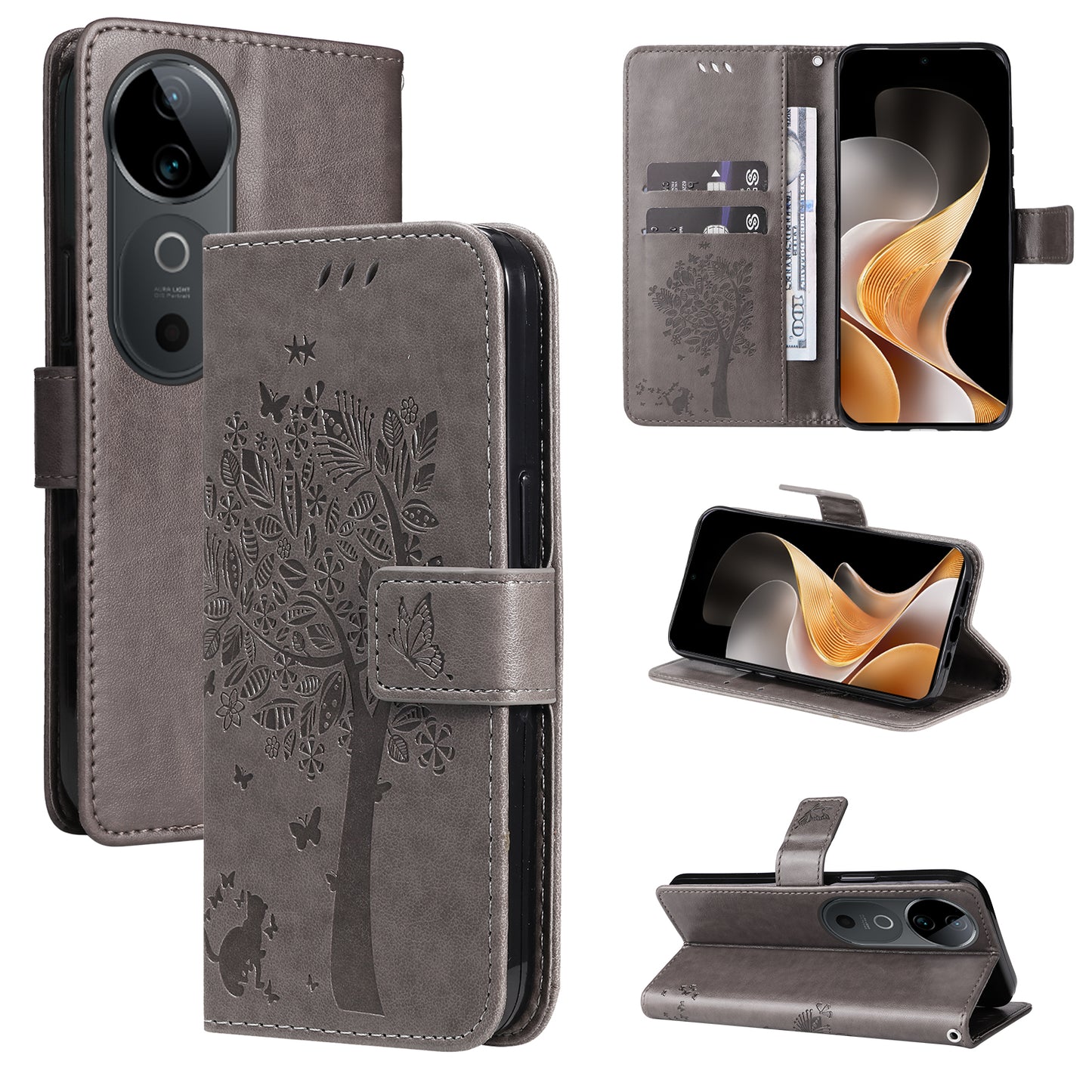 KT Imprinting Flower Series-3 For vivo S19 5G / V40 5G Leather Phone Case Cat Tree Pattern - Grey