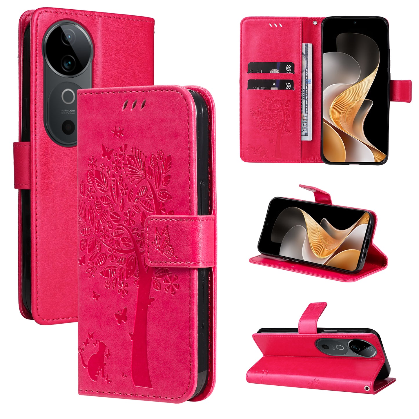 KT Imprinting Flower Series-3 For vivo S19 5G / V40 5G Leather Phone Case Cat Tree Pattern - Rose