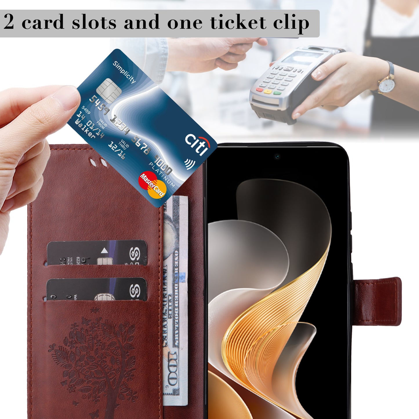 KT Imprinting Flower Series-3 For vivo S19 5G / V40 5G Leather Phone Case Cat Tree Pattern - Coffee