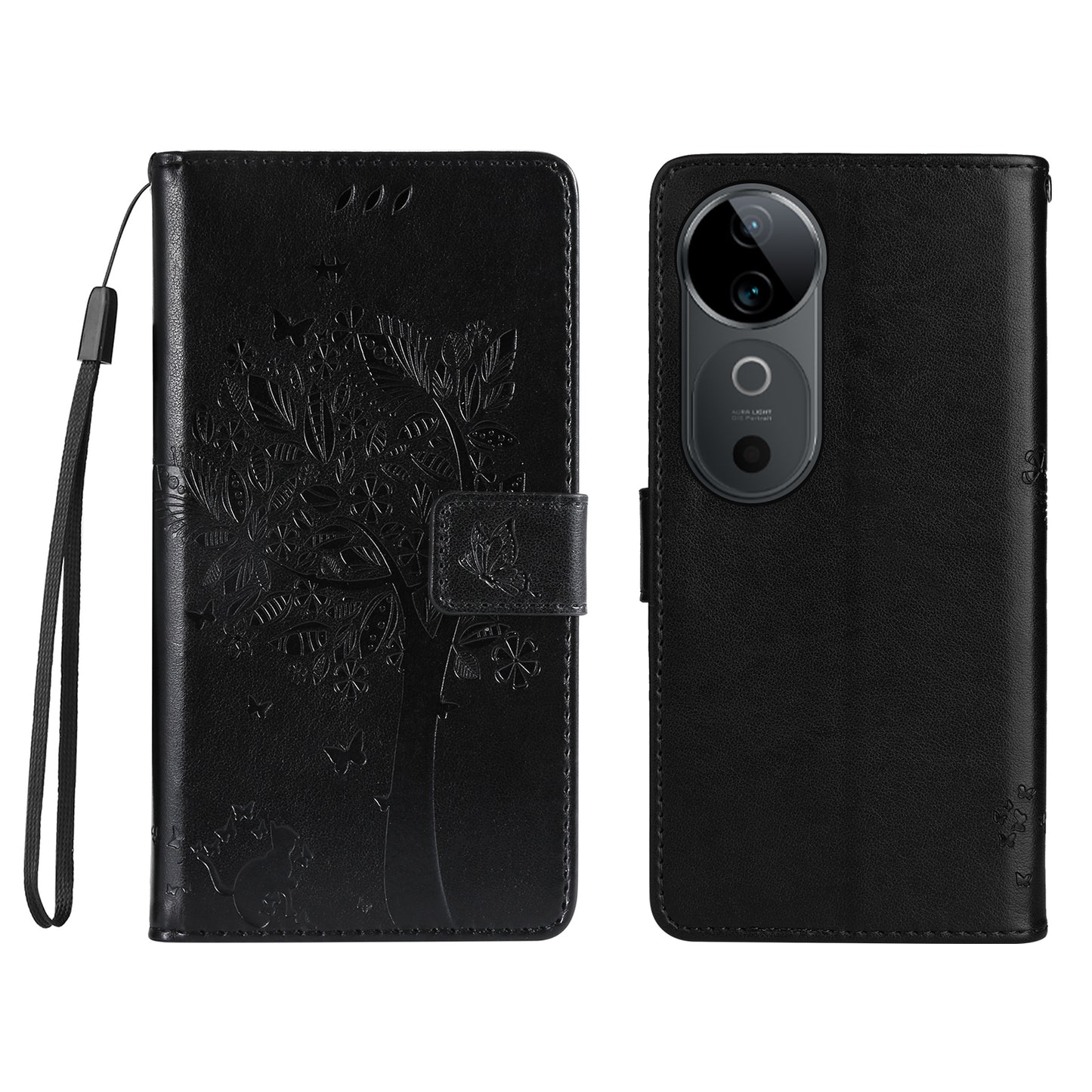 KT Imprinting Flower Series-3 For vivo S19 5G / V40 5G Leather Phone Case Cat Tree Pattern - Black