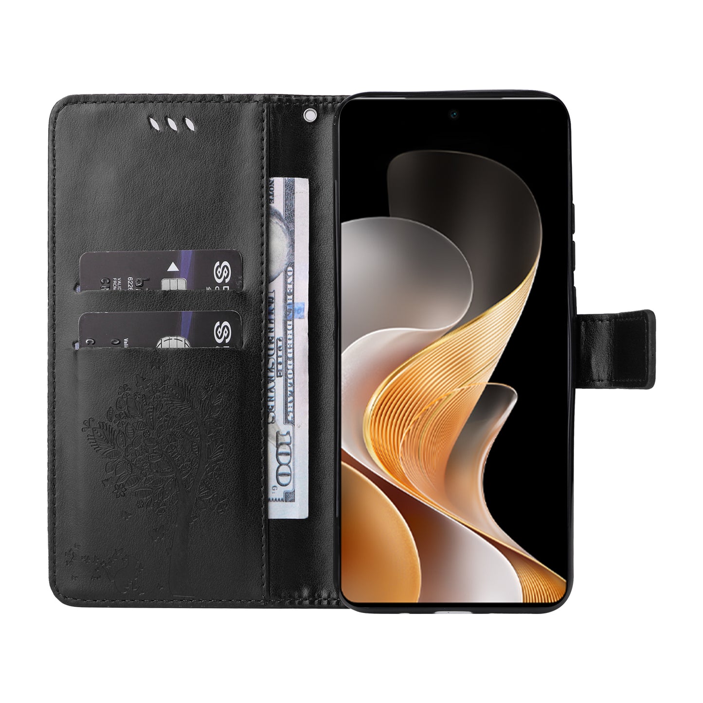 KT Imprinting Flower Series-3 For vivo S19 5G / V40 5G Leather Phone Case Cat Tree Pattern - Black