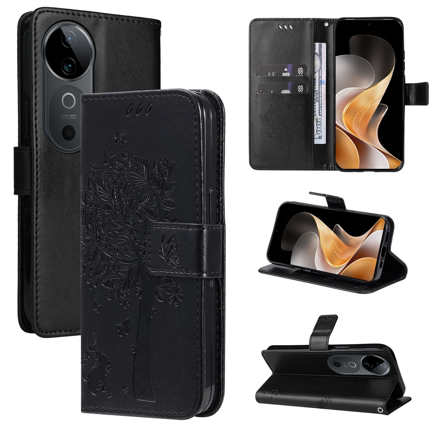 KT Imprinting Flower Series-3 For vivo S19 5G / V40 5G Leather Phone Case Cat Tree Pattern - Black