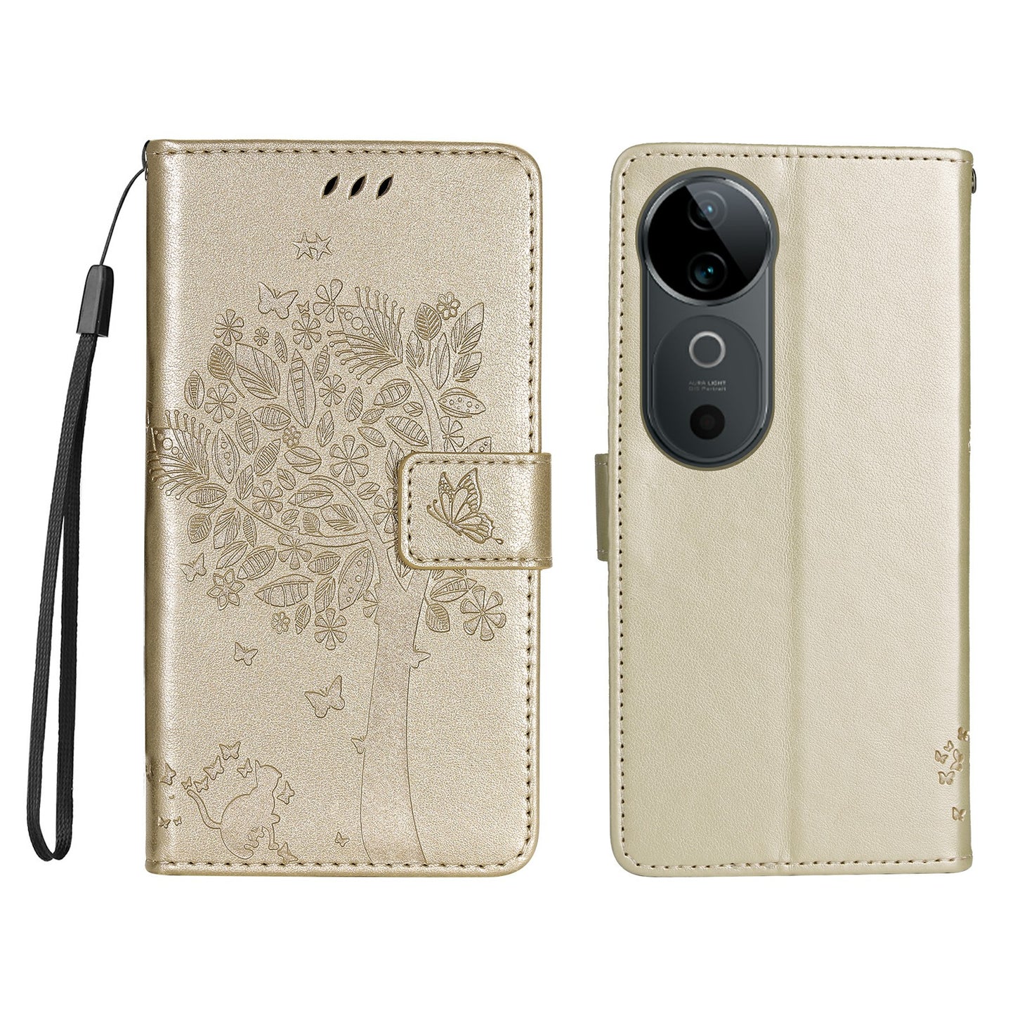 KT Imprinting Flower Series-3 For vivo S19 5G / V40 5G Leather Phone Case Cat Tree Pattern - Gold