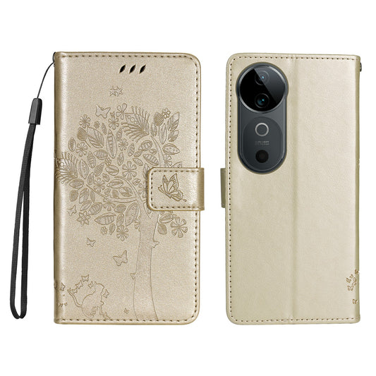 KT Imprinting Flower Series-3 For vivo S19 5G / V40 5G Leather Phone Case Cat Tree Pattern - Gold