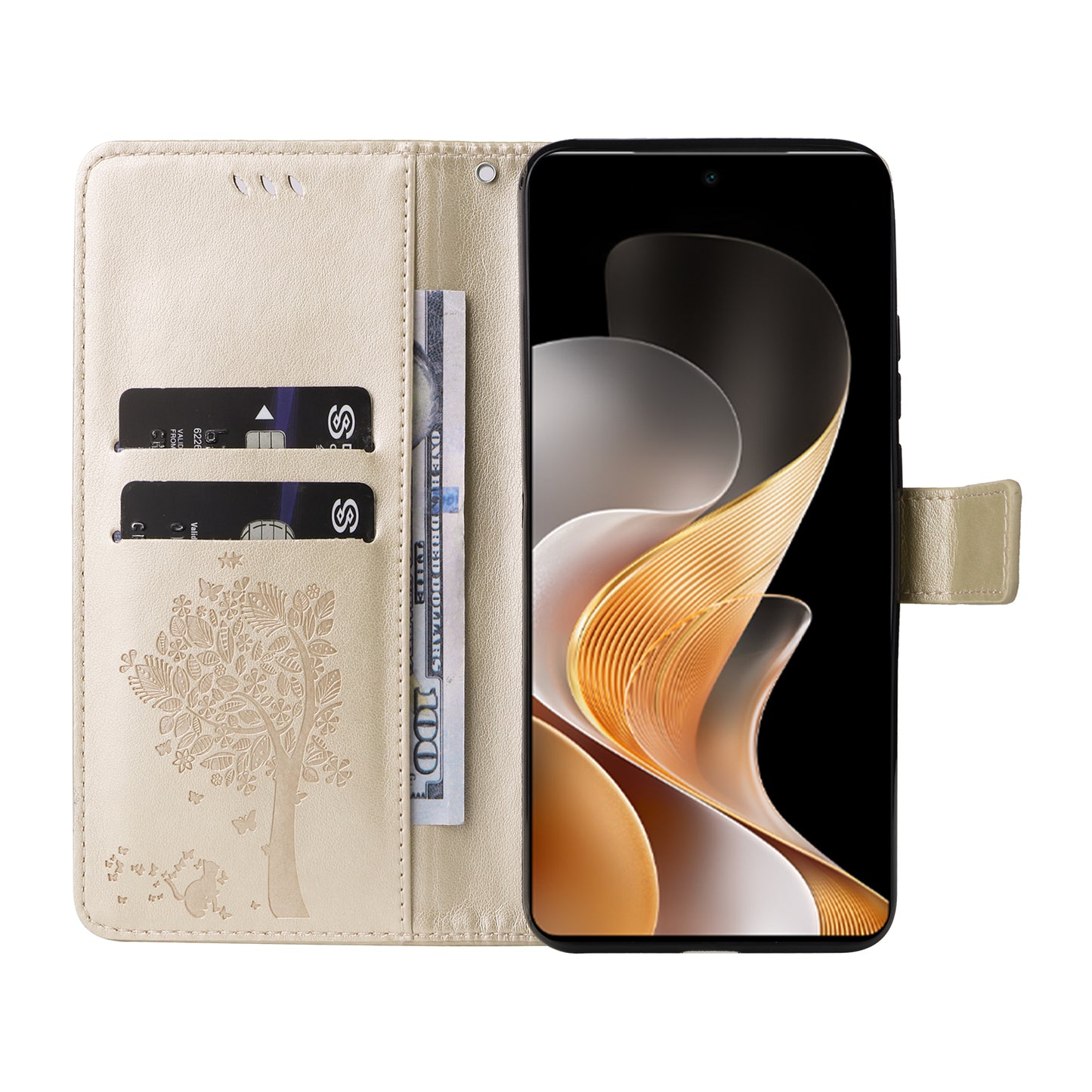 KT Imprinting Flower Series-3 For vivo S19 5G / V40 5G Leather Phone Case Cat Tree Pattern - Gold