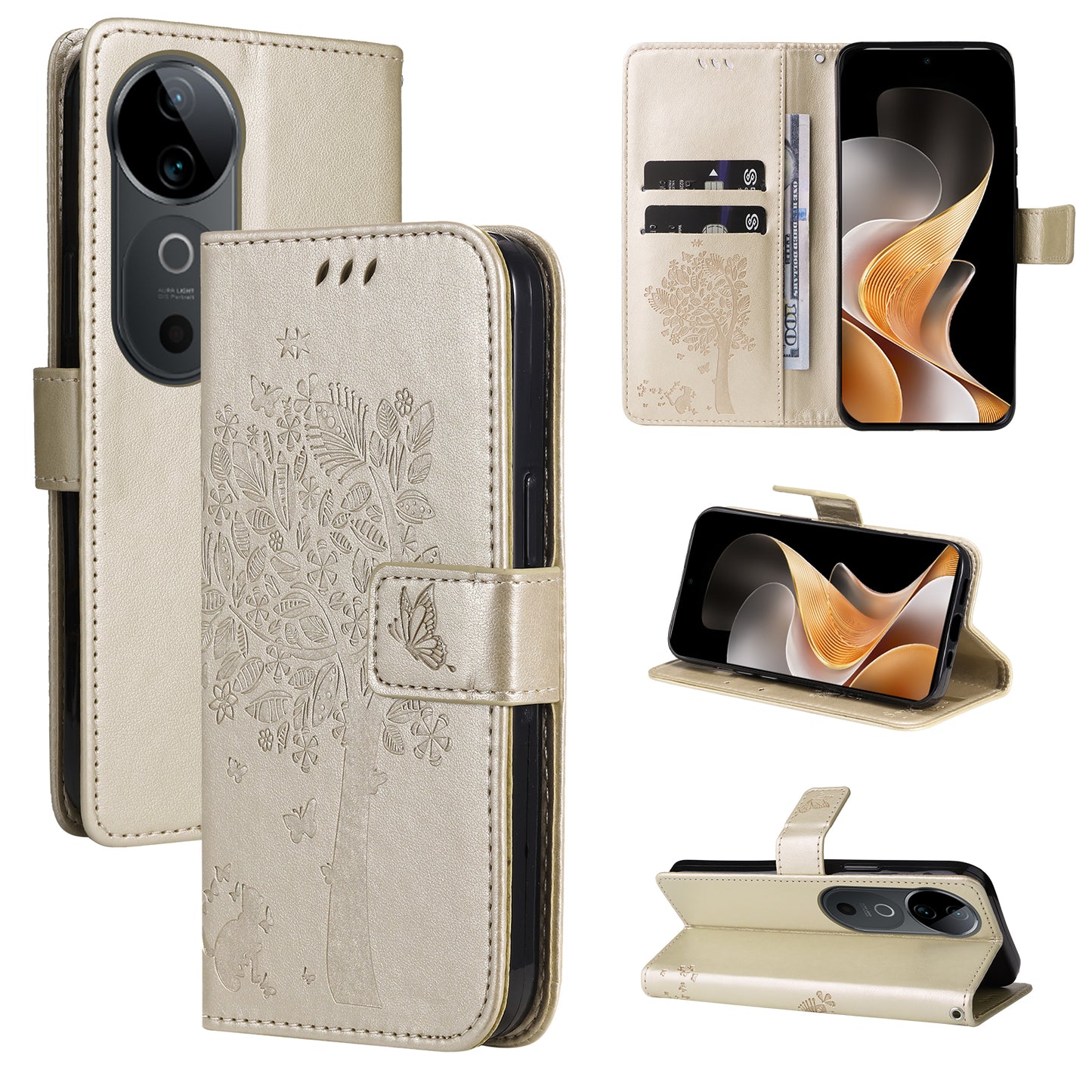 KT Imprinting Flower Series-3 For vivo S19 5G / V40 5G Leather Phone Case Cat Tree Pattern - Gold