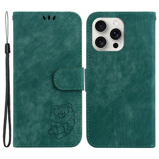 For iPhone 16 Pro Stand Case Cute Tiger Imprint Leather Wallet Phone Cover - Green