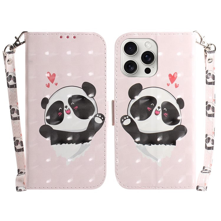 For iPhone 16 Pro Wallet Case 3D Pattern Print Leather Phone Cover - Love Heart Panda