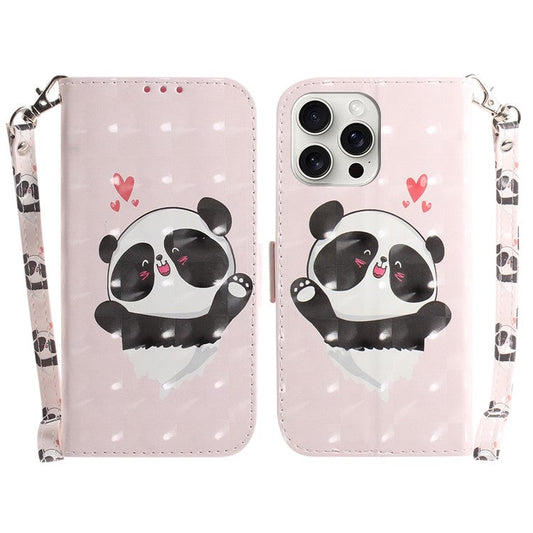 For iPhone 16 Pro Wallet Case 3D Pattern Print Leather Phone Cover - Love Heart Panda
