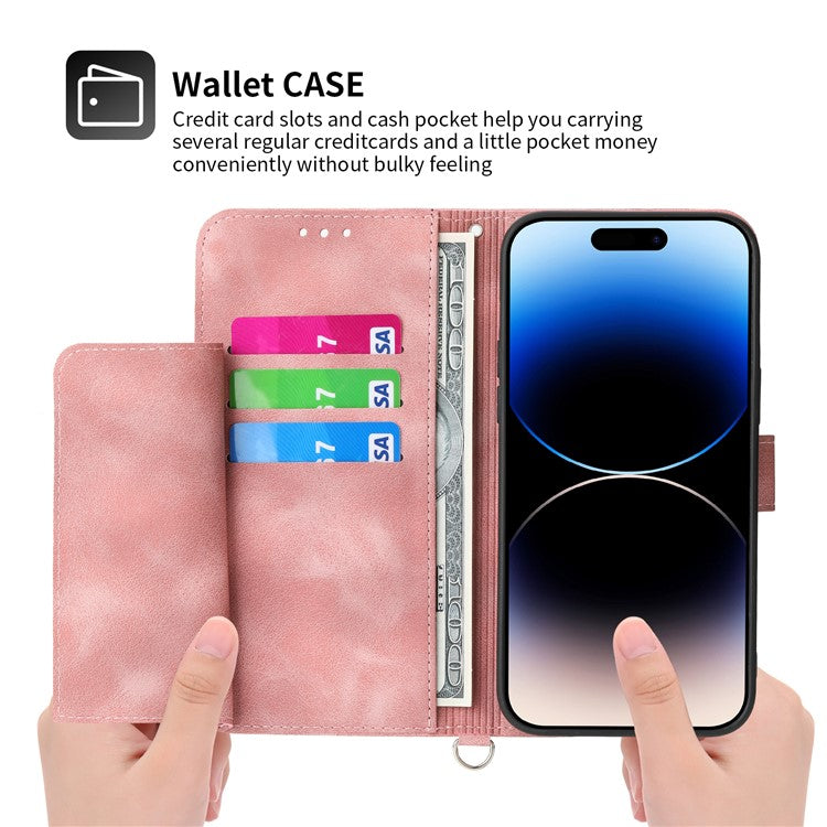 For iPhone 16 Pro Leather Case Multiple Card Slots Phone Cover with 2 Straps - Pink