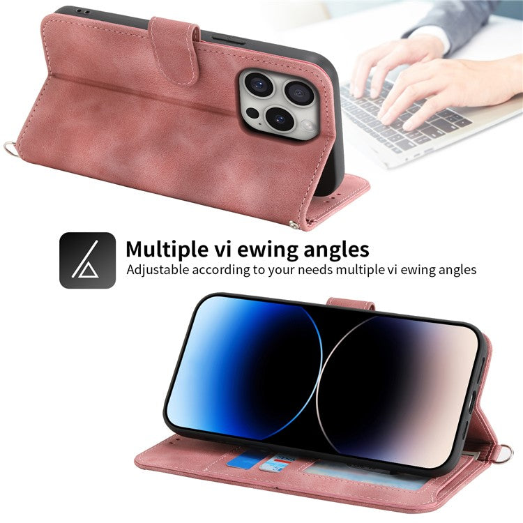 For iPhone 16 Pro Leather Case Multiple Card Slots Phone Cover with 2 Straps - Pink