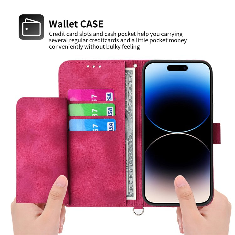 For iPhone 16 Pro Leather Case Multiple Card Slots Phone Cover with 2 Straps - Wine Red
