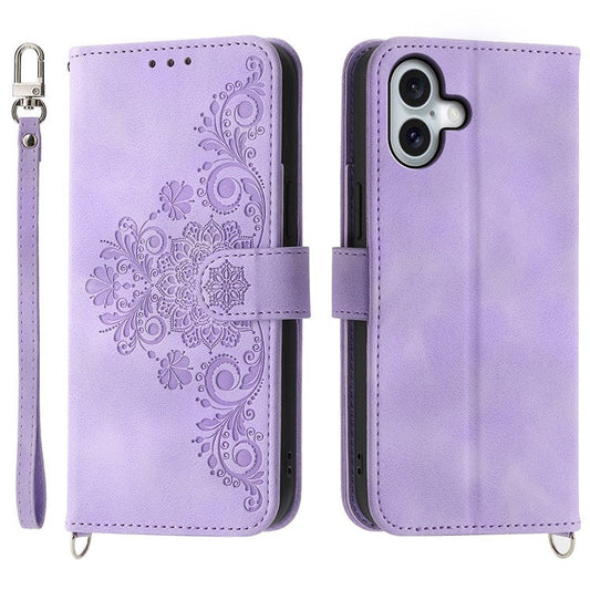 For iPhone 16 Leather Case Multiple Card Slots Phone Cover with 2 Straps - Purple