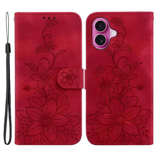 For iPhone 16 Plus Wallet Case PU Leather Phone Cover Flower Imprinted - Red