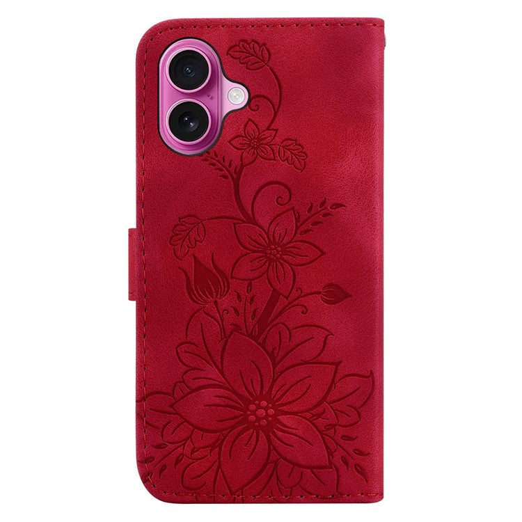 For iPhone 16 Plus Wallet Case PU Leather Phone Cover Flower Imprinted - Red