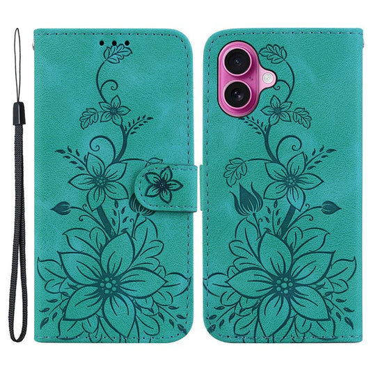 For iPhone 16 Plus Wallet Case PU Leather Phone Cover Flower Imprinted - Green