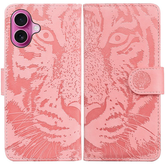 For iPhone 16 Plus Case Tiger Imprint Leather Shockproof Wallet Phone Cover - Pink