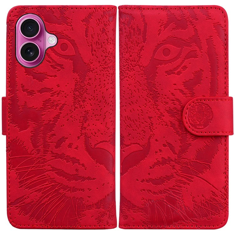 For iPhone 16 Plus Case Tiger Imprint Leather Shockproof Wallet Phone Cover - Red
