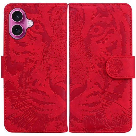 For iPhone 16 Plus Case Tiger Imprint Leather Shockproof Wallet Phone Cover - Red