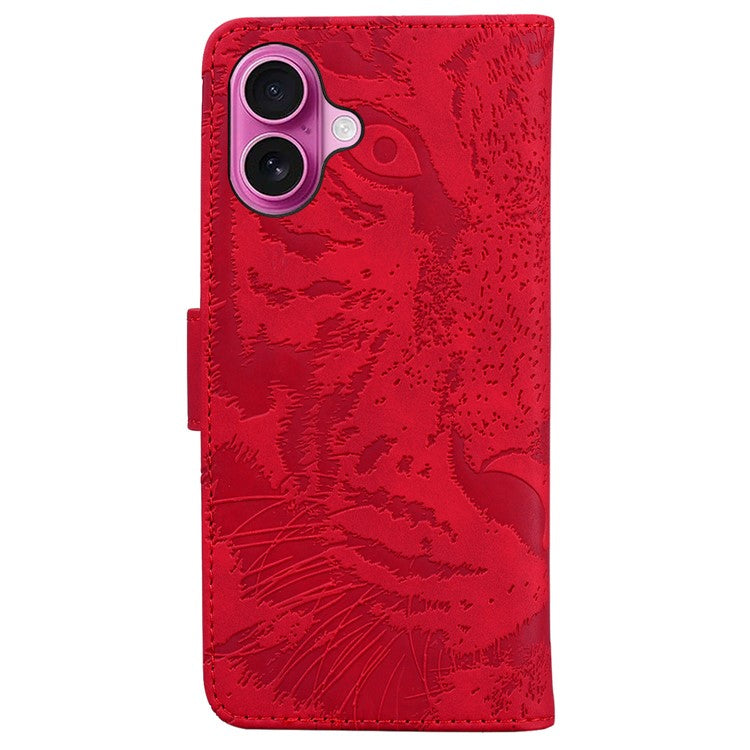 For iPhone 16 Plus Case Tiger Imprint Leather Shockproof Wallet Phone Cover - Red