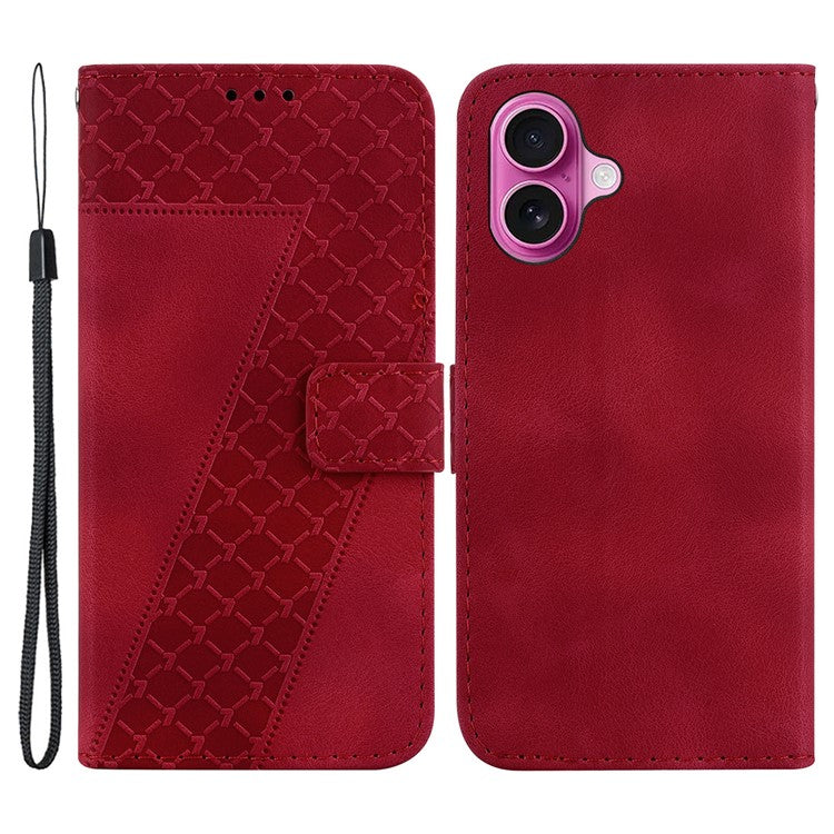 For iPhone 16 Plus Case 7-Shaped Pattern Leather Shockproof Phone Cover - Red