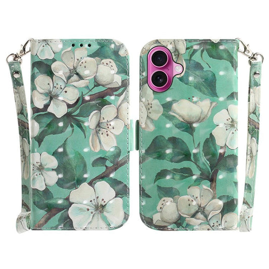 For iPhone 16 Plus Wallet Case 3D Pattern Print Leather Phone Cover - Watercolor Flowers