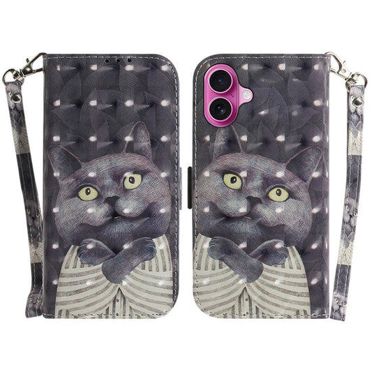 For iPhone 16 Plus Wallet Case 3D Pattern Print Leather Phone Cover - Embracing Cat